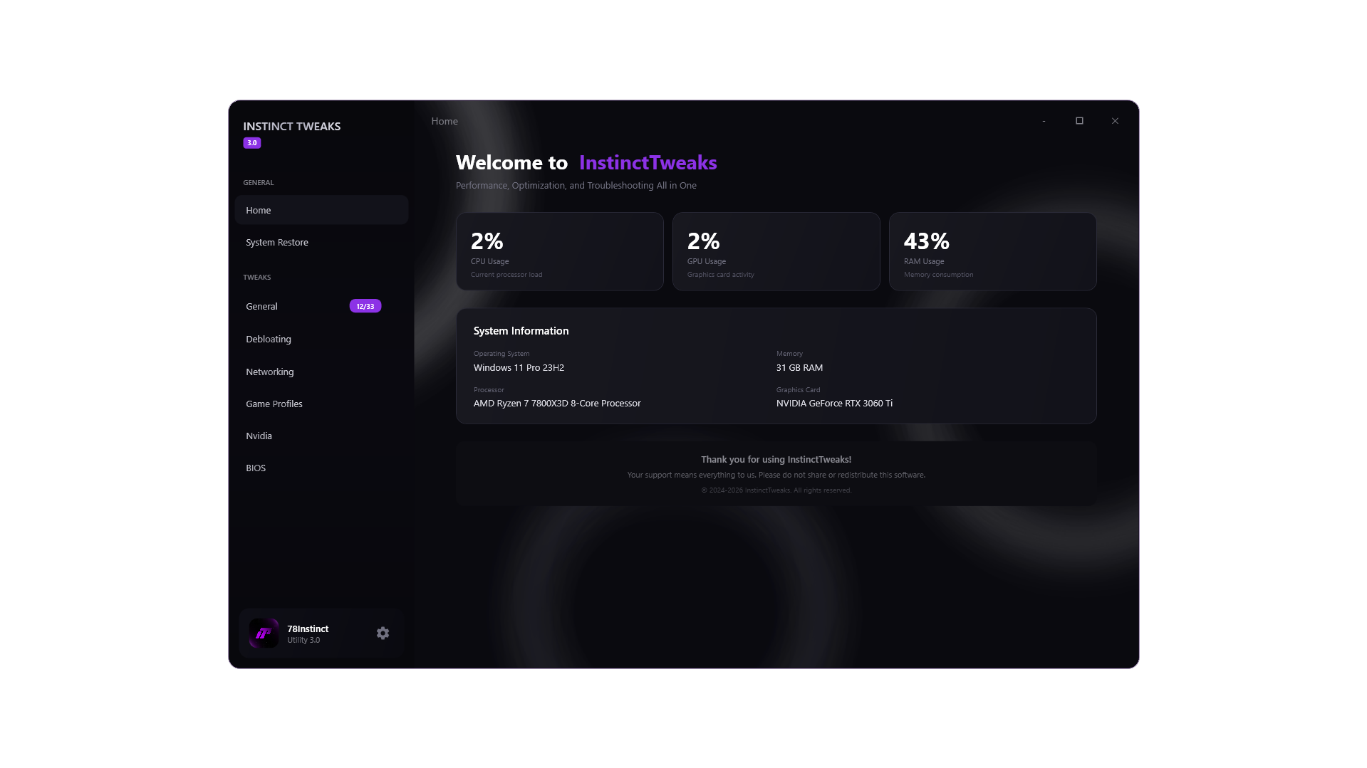 InstinctTweaks 3.1 desktop dashboard